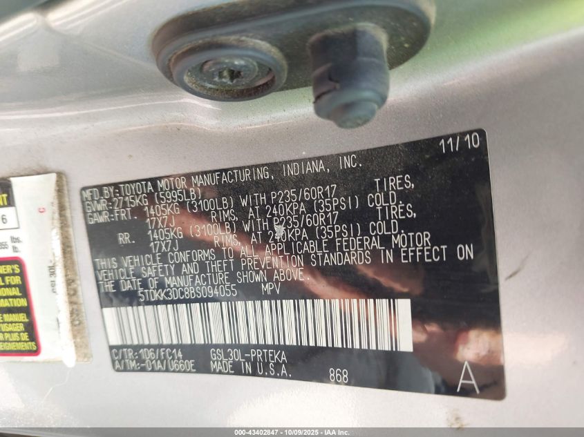 2011 Toyota Sienna Le V6 VIN: 5TDKK3DC8BS094055 Lot: 43402847