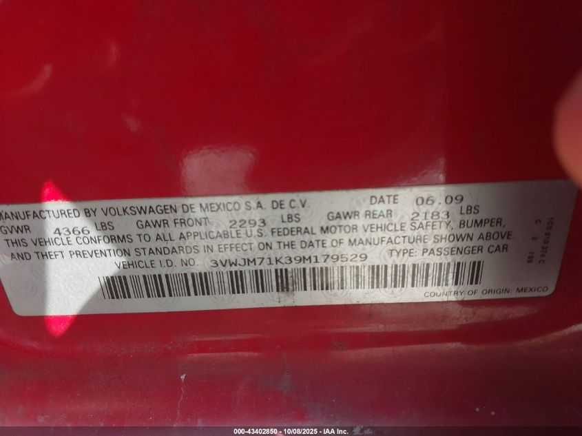 2009 Volkswagen Jetta S VIN: 3VWJM71K39M179529 Lot: 43402850