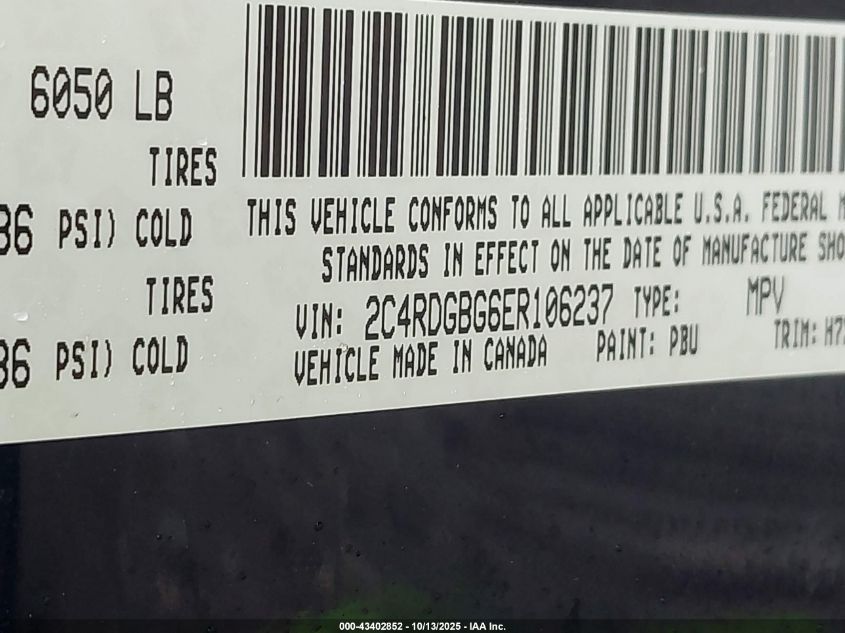 2014 Dodge Grand Caravan Se VIN: 2C4RDGBG6ER106237 Lot: 43402852