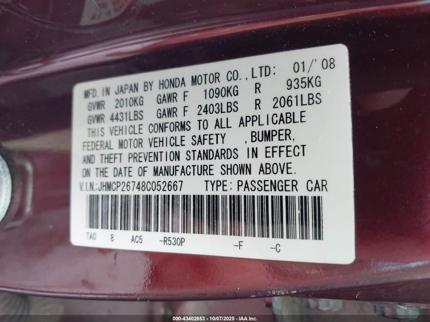 2008 Honda Accord 2.4 Ex VIN: JHMCP26748C052667 Lot: 43402853
