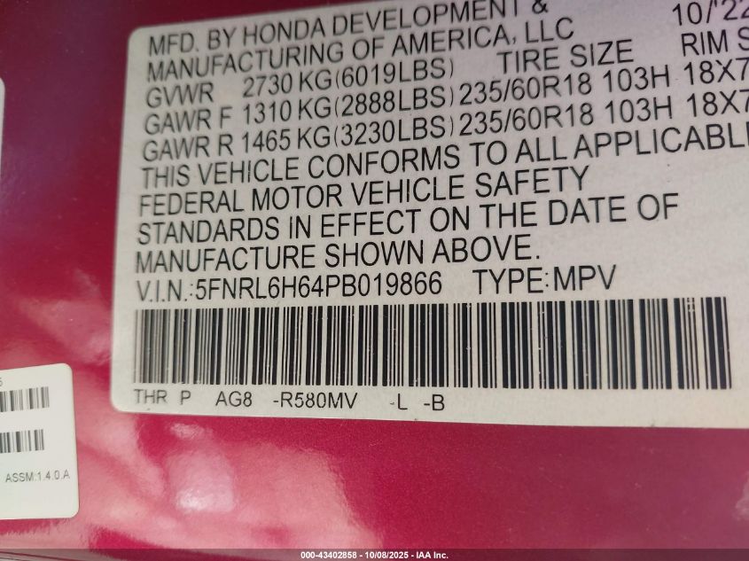 2023 Honda Odyssey Ex-L VIN: 5FNRL6H64PB019866 Lot: 43402858