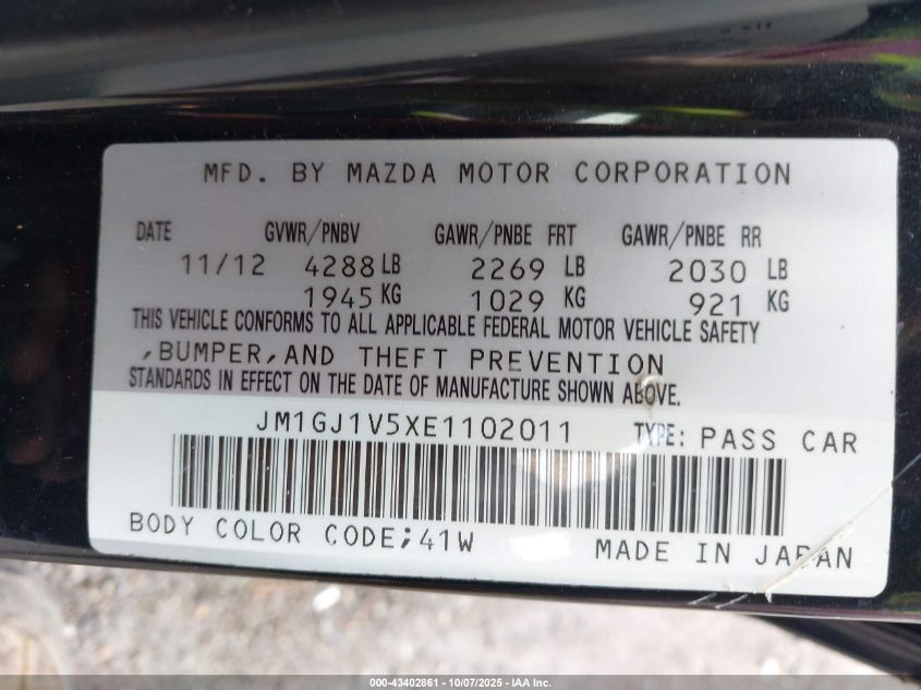 2014 Mazda Mazda6 I Touring VIN: JM1GJ1V5XE1102011 Lot: 43402861