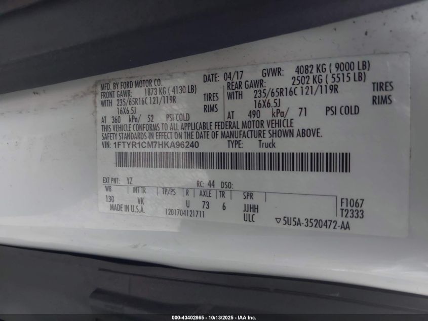 2017 Ford Transit-250 VIN: 1FTYR1CM7HKA96240 Lot: 43402865