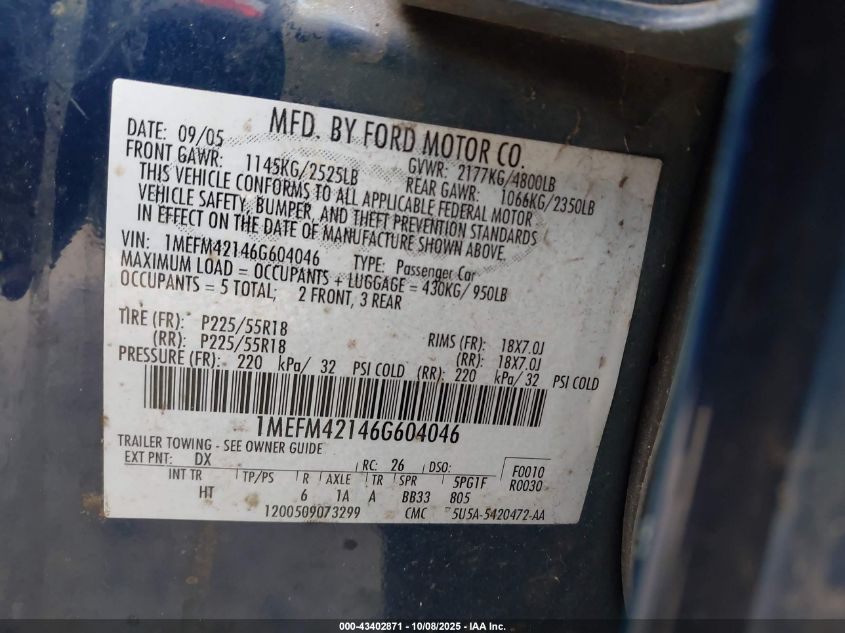 2006 Mercury Montego Premier VIN: 1MEFM42146G604046 Lot: 43402871