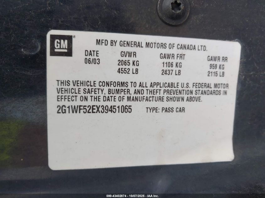 2003 Chevrolet Impala VIN: 2G1WF52EX39451065 Lot: 43402874