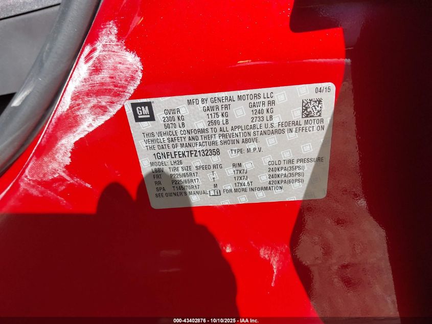 2015 Chevrolet Equinox 1Lt VIN: 1GNFLFEK7FZ132358 Lot: 43402876