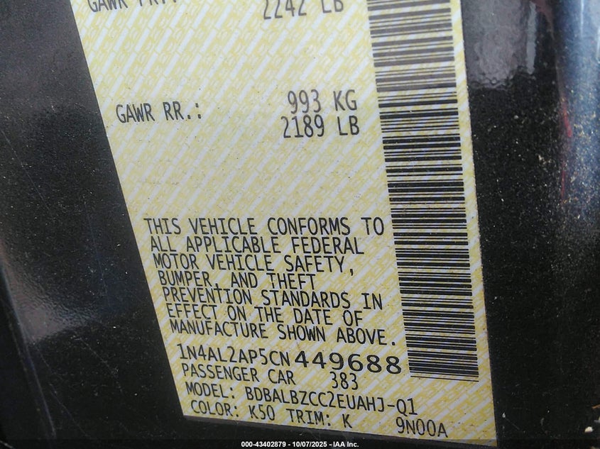 2012 Nissan Altima 2.5 S VIN: 1N4AL2AP5CN449688 Lot: 43402879