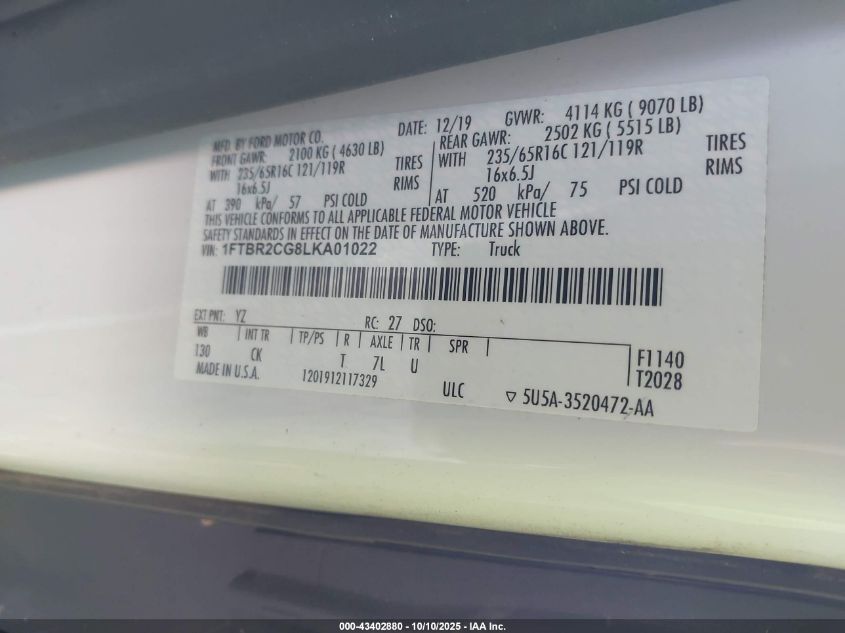 2020 Ford Transit-250 VIN: 1FTBR2CG8LKA01022 Lot: 43402880