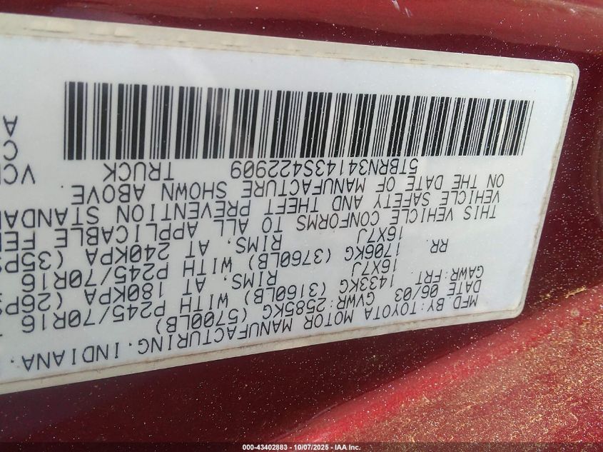 2003 Toyota Tundra Sr5 VIN: 5TBRN34143S422909 Lot: 43402883