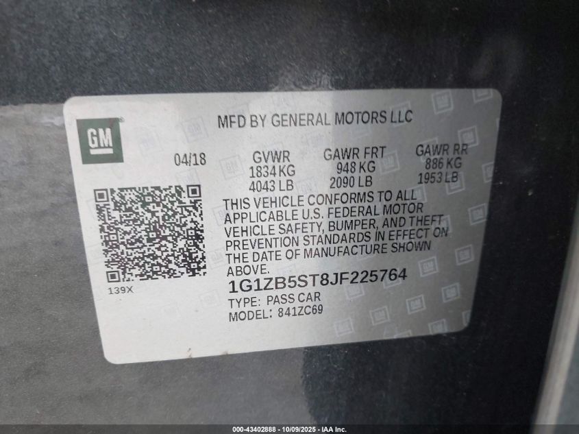 2018 Chevrolet Malibu 1Ls VIN: 1G1ZB5ST8JF225764 Lot: 43402888
