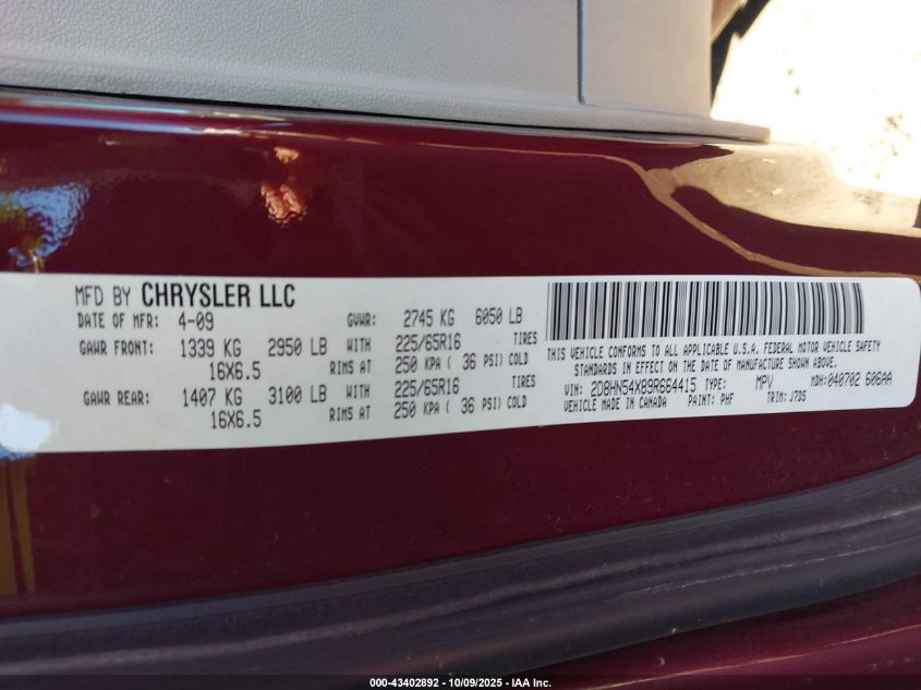 2009 Dodge Grand Caravan Sxt VIN: 2D8HN54X89R664415 Lot: 43402892