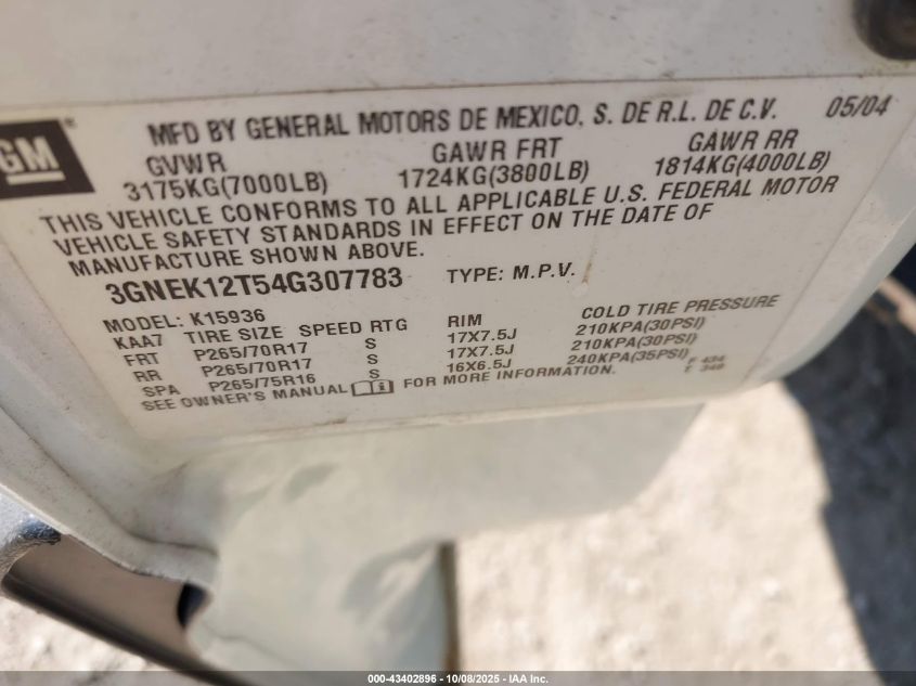 2004 Chevrolet Avalanche 1500 VIN: 3GNEK12T54G307783 Lot: 43402896