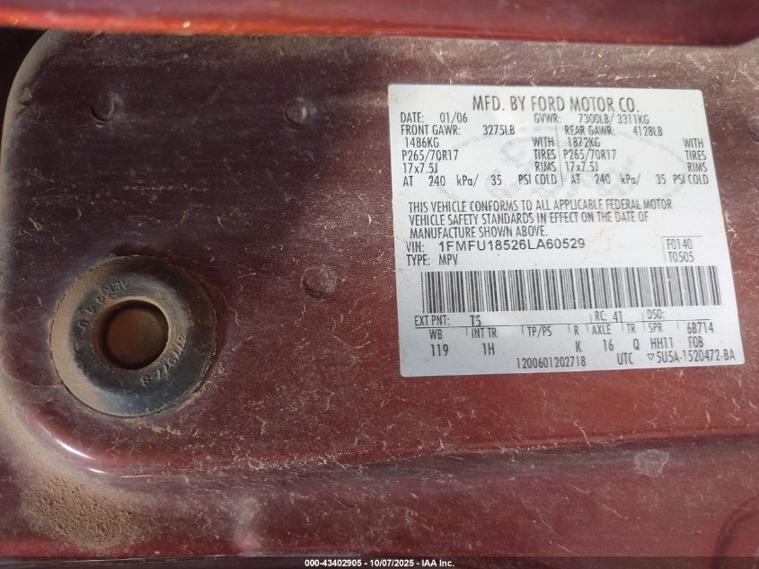 2006 Ford Expedition Eddie Bauer/King Ranch VIN: 1FMFU18526LA60529 Lot: 43402905
