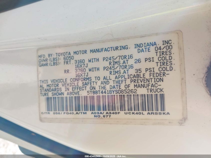 2000 Toyota Tundra Sr5 V8 VIN: 5TBBT4418YS085262 Lot: 43402909