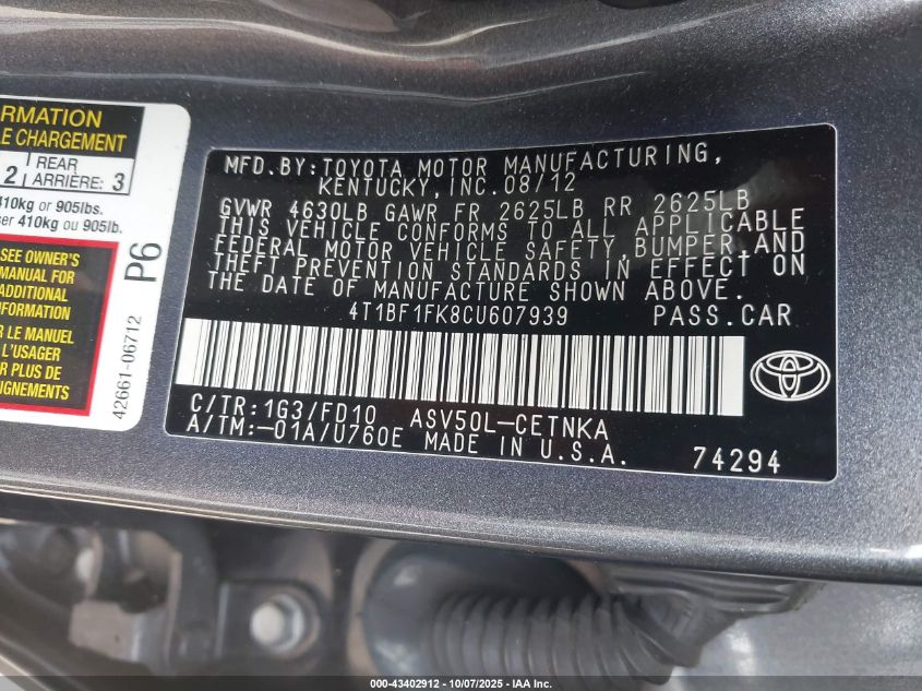 2012 Toyota Camry Le VIN: 4T1BF1FK8CU607939 Lot: 43402912