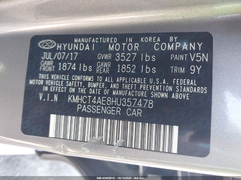 2017 Hyundai Accent Se VIN: KMHCT4AE8HU357478 Lot: 43402918