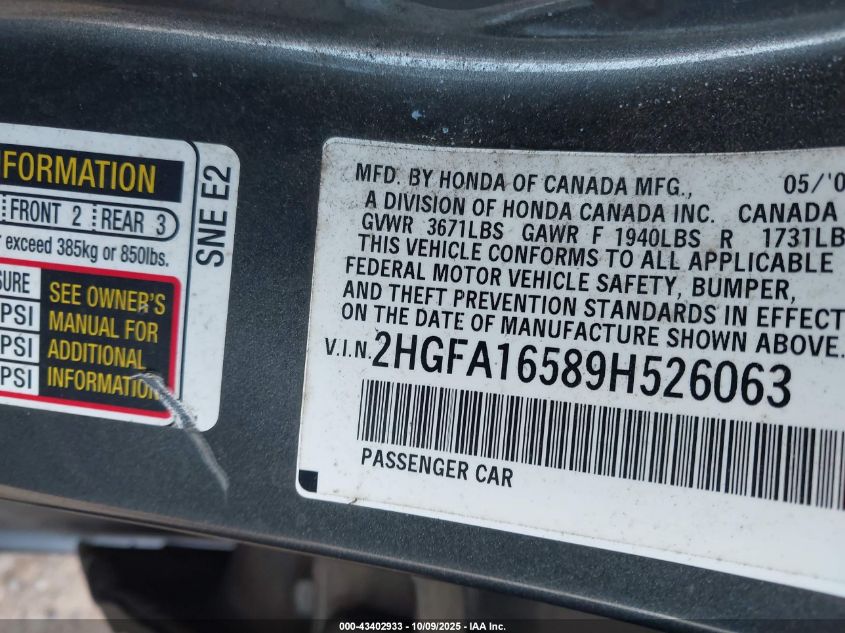 2009 Honda Civic Lx VIN: 2HGFA16589H526063 Lot: 43402933
