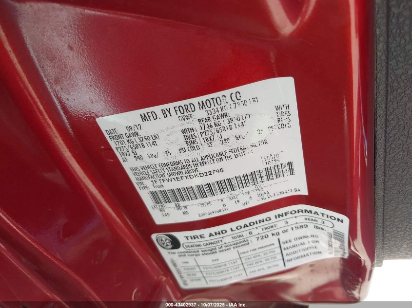 2013 Ford F-150 Xlt VIN: 1FTFW1EFXDKD22795 Lot: 43402937