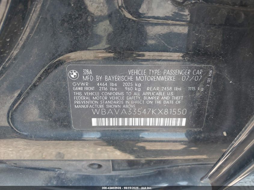 2007 BMW 328I VIN: WBAVA33547KX81550 Lot: 43402939