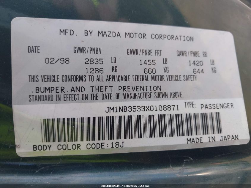 1999 Mazda Mx-5 Miata Leather Pkg/Popular Equipment Pkg/Sports Pkg/Touring Pkg VIN: JM1NB3533X0108871 Lot: 43402949