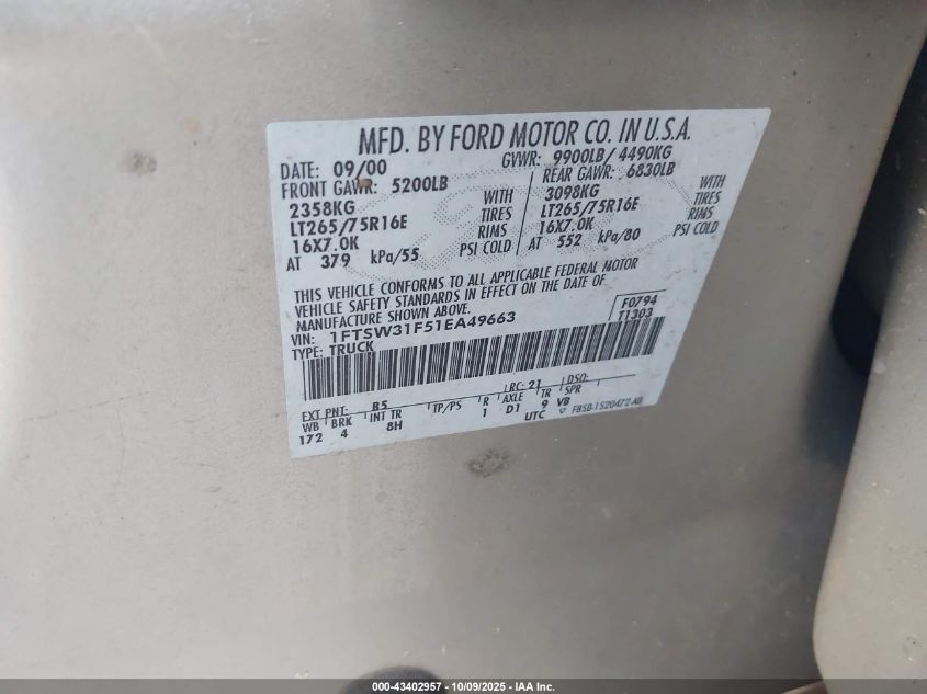 2001 Ford F-350 Lariat/Xl/Xlt VIN: 1FTSW31F51EA49663 Lot: 43402957
