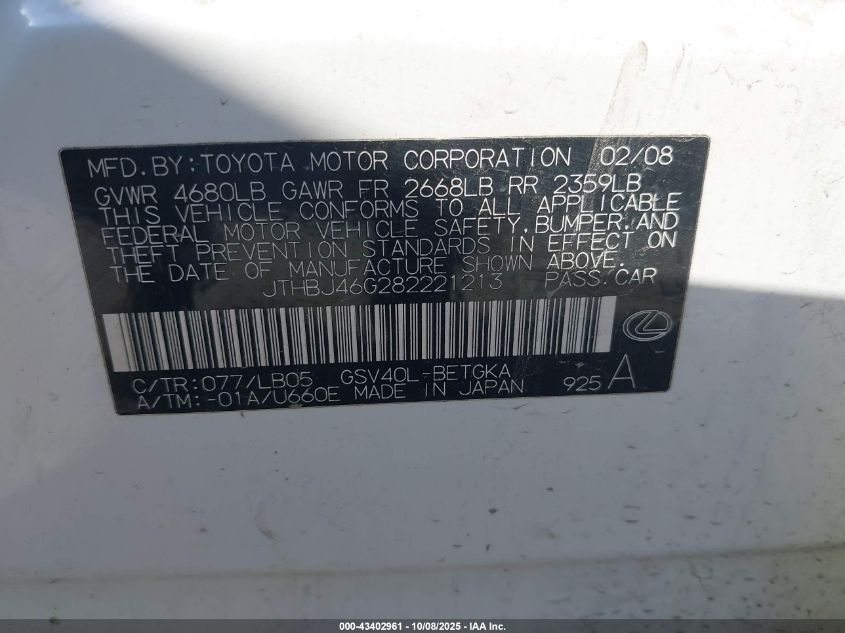 2008 Lexus Es 350 VIN: JTHBJ46G282221213 Lot: 43402961