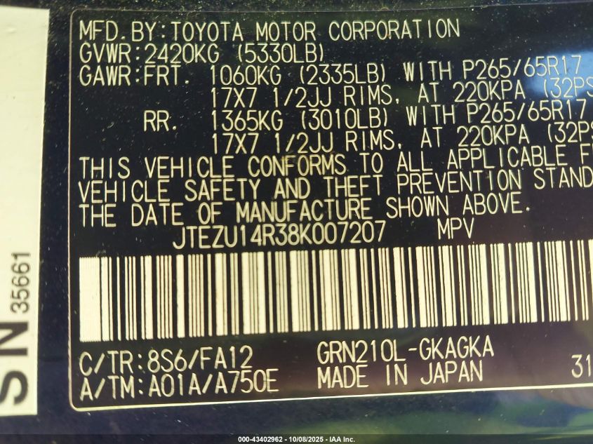 2008 Toyota 4Runner Sr5 V6 VIN: JTEZU14R38K007207 Lot: 43402962