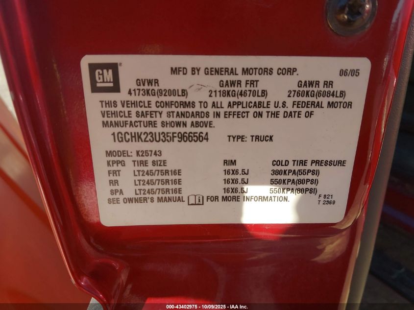 2005 Chevrolet Silverado 2500Hd Lt VIN: 1GCHK23U35F966564 Lot: 43402975