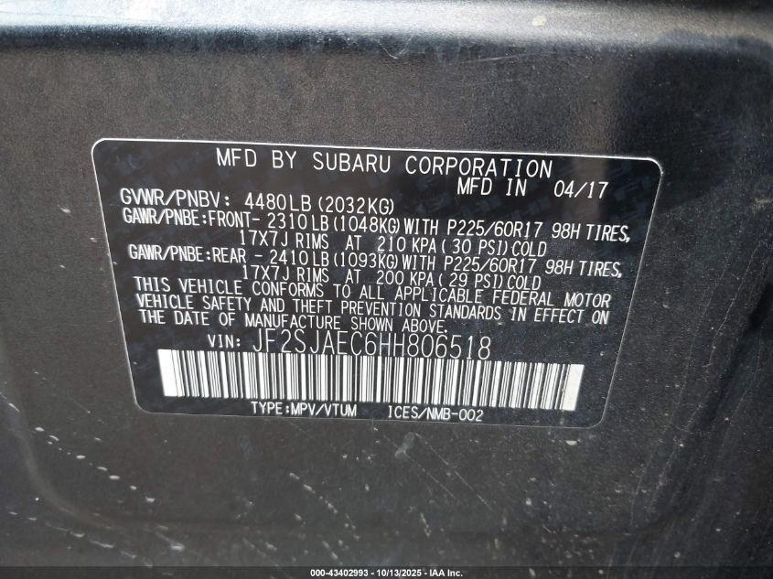 2017 Subaru Forester 2.5I Premium VIN: JF2SJAEC6HH806518 Lot: 43402993