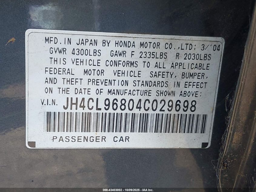 2004 Acura Tsx VIN: JH4CL96804C029698 Lot: 43403002