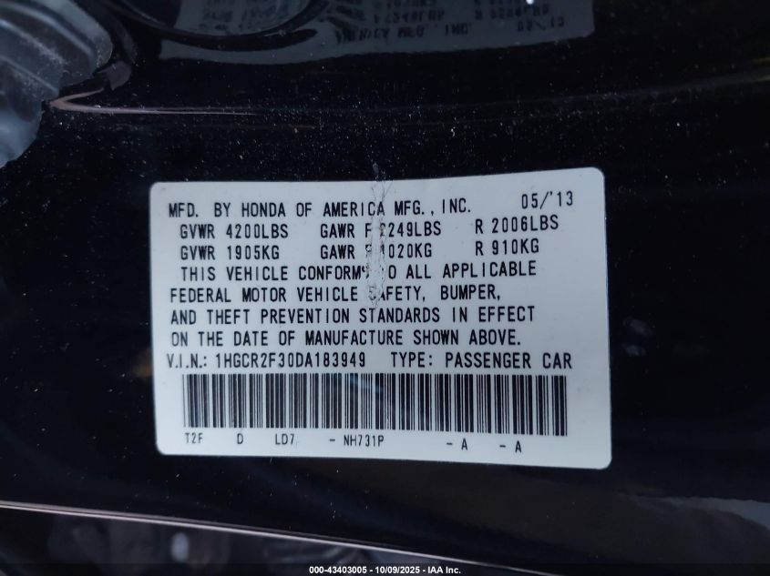 2013 Honda Accord Lx VIN: 1HGCR2F30DA183949 Lot: 43403005