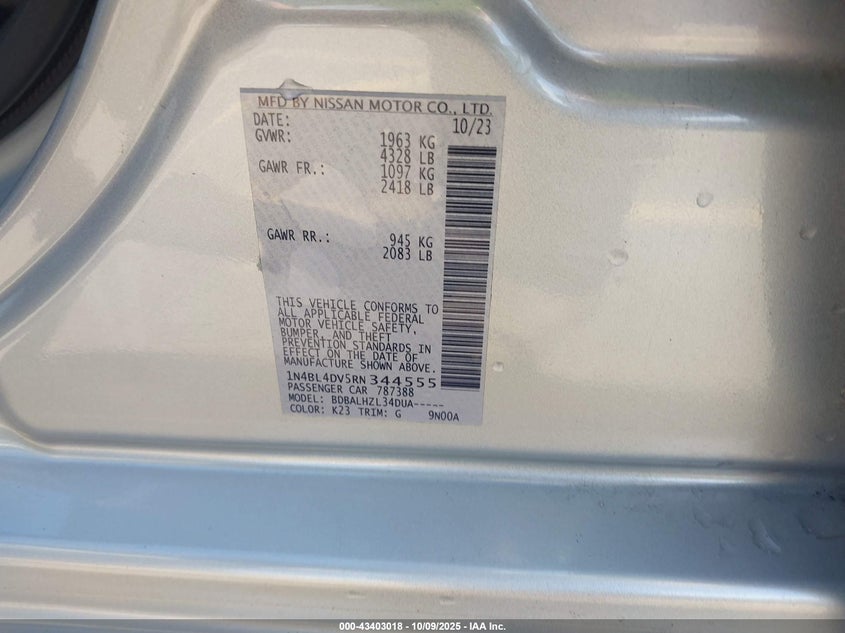 2024 NISSAN ALTIMA SV FWD 1N4BL4DV5RN344555