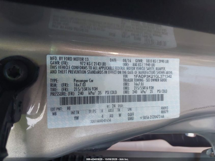 2016 Ford Focus Se VIN: 1FADP3K21GL371342 Lot: 43403029