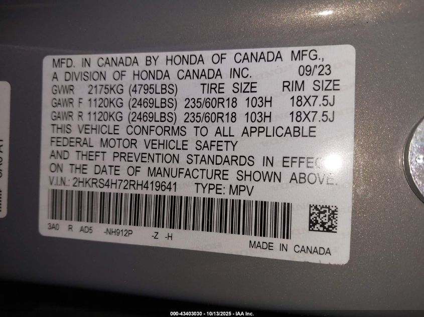 2024 Honda Cr-V Ex-L Awd VIN: 2HKRS4H72RH419641 Lot: 43403030