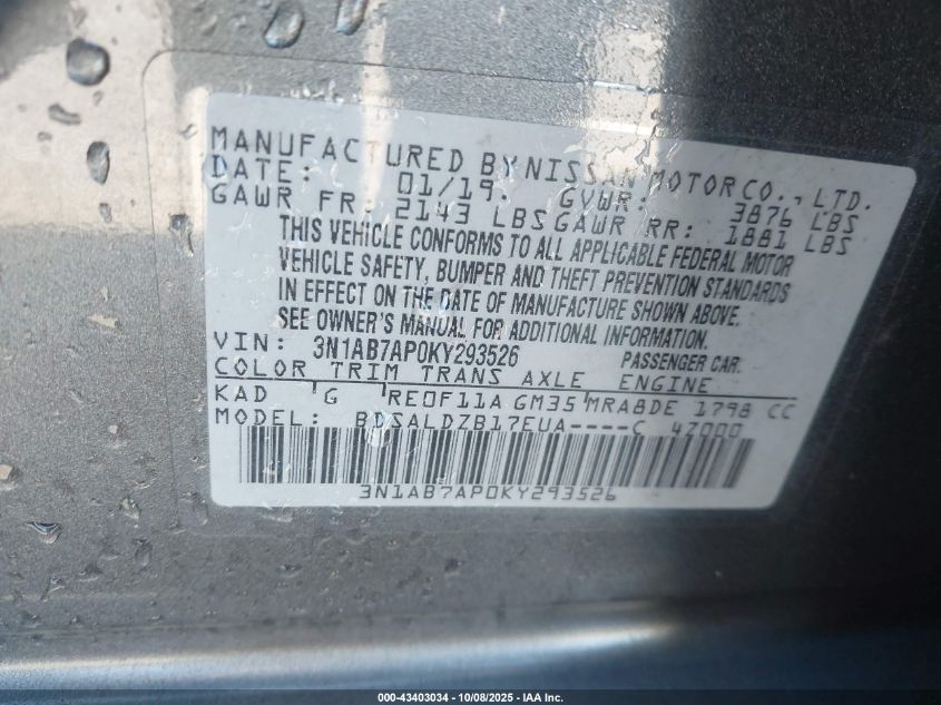 2019 Nissan Sentra Sv VIN: 3N1AB7AP0KY293526 Lot: 43403034