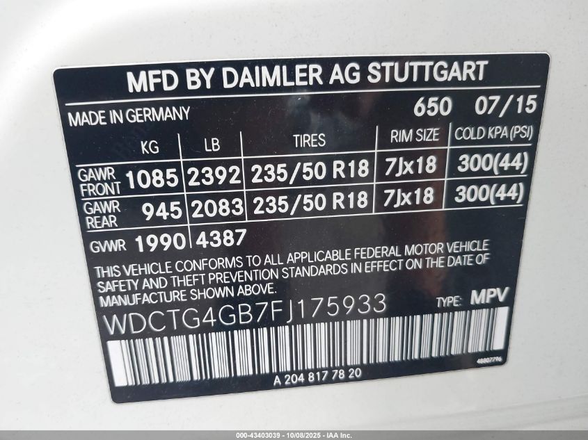 2015 Mercedes-Benz Gla 250 4Matic VIN: WDCTG4GB7FJ175933 Lot: 43403039