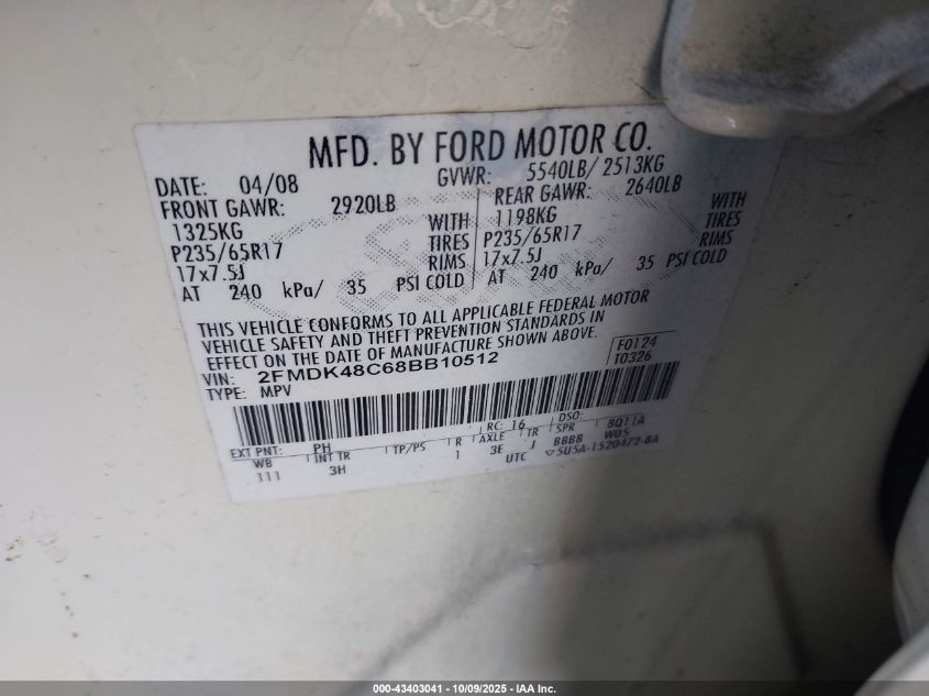 2008 Ford Edge Sel VIN: 2FMDK48C68BB10512 Lot: 43403041