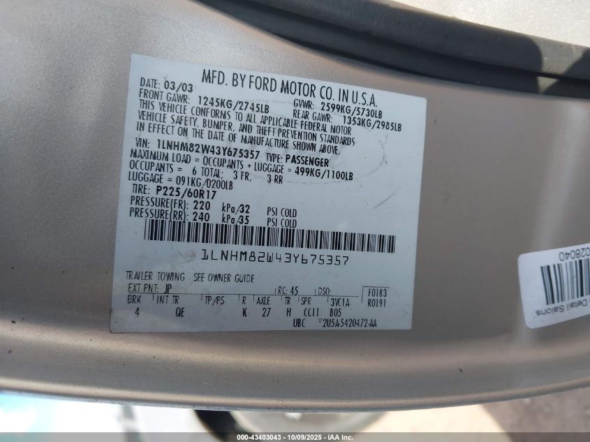 2003 Lincoln Town Car Signature VIN: 1LNHM82W43Y675357 Lot: 43403043