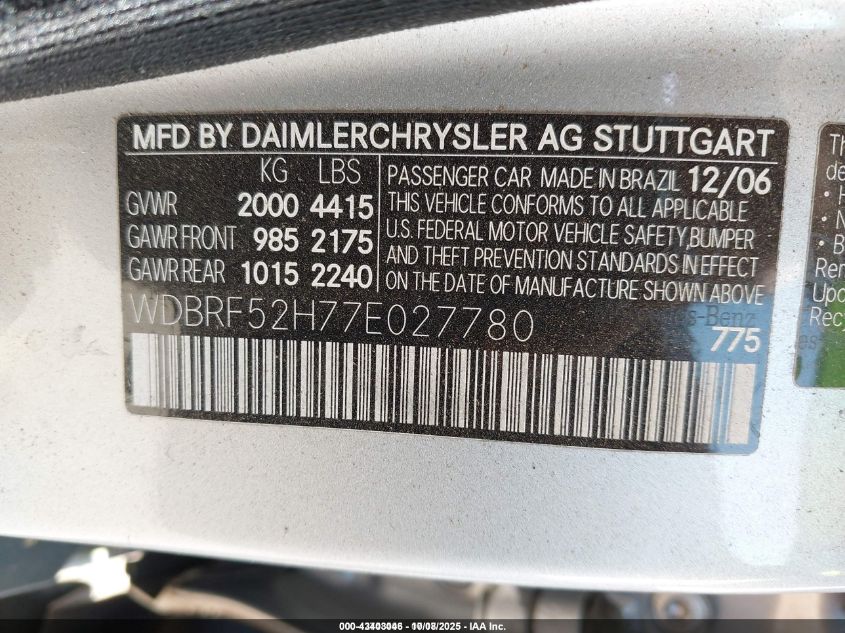 2007 Mercedes-Benz C 230 Sport VIN: WDBRF52H77E027780 Lot: 43403046