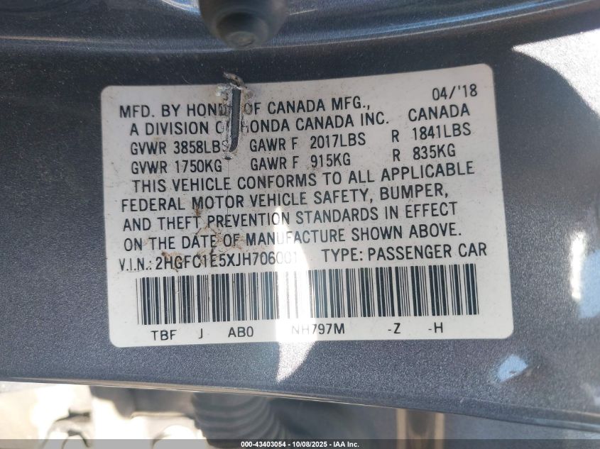 2018 HONDA CIVIC SI 2HGFC1E5XJH706001