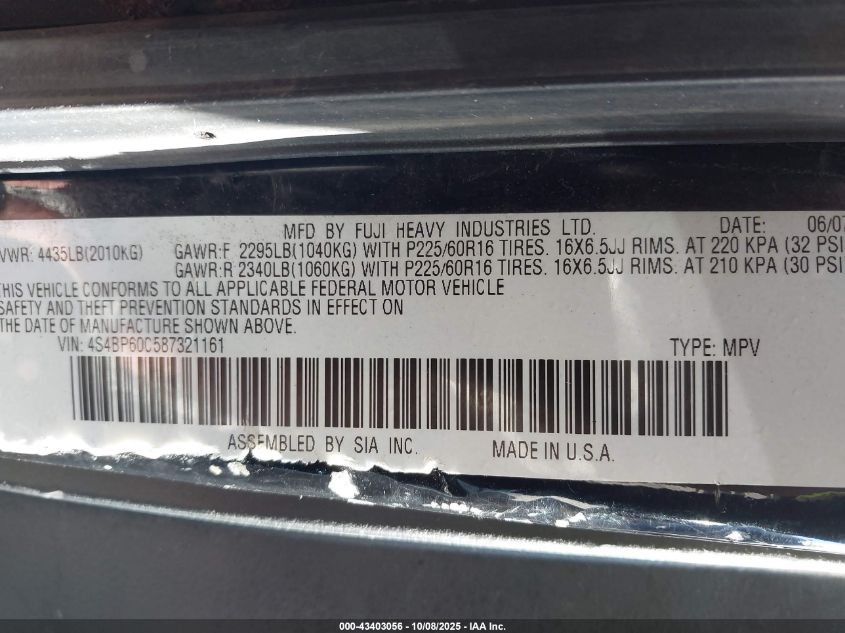 2008 Subaru Outback VIN: 4S4BP60C587321161 Lot: 43403056