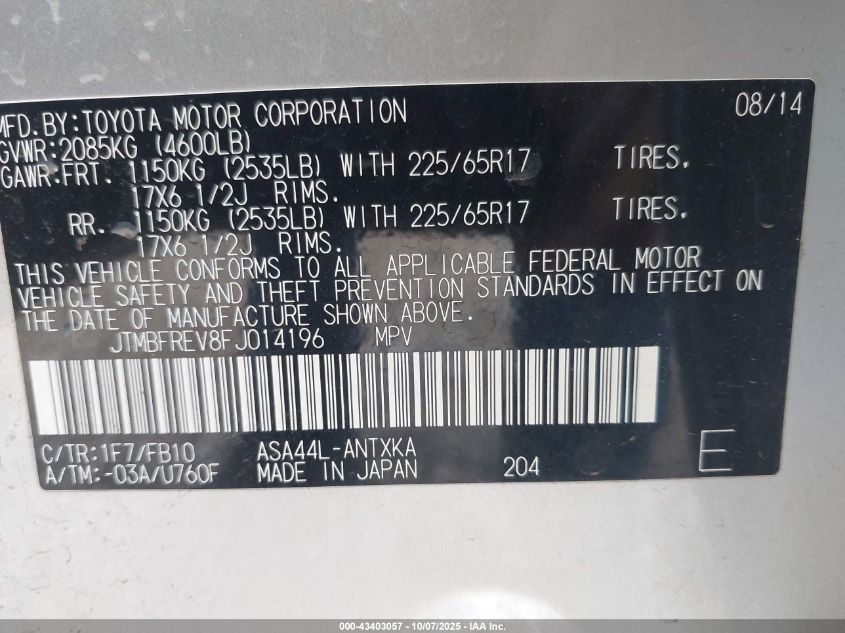 2015 Toyota Rav4 Le VIN: JTMBFREV8FJ014196 Lot: 43403057