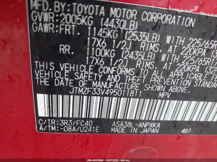 2009 Toyota Rav4 VIN: JTMZF33V495011811 Lot: 43403060