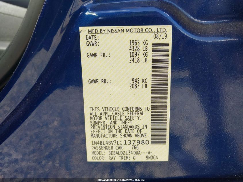 2020 Nissan Altima S Fwd VIN: 1N4BL4BV7LC137980 Lot: 43403063