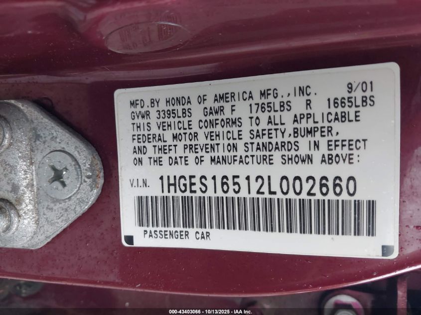 2002 Honda Civic Lx VIN: 1HGES16512L002660 Lot: 43403066