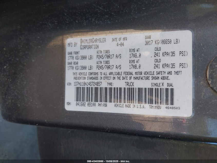 2004 Dodge Ram 1500 Slt/Laramie VIN: 1D7HU18N14S724857 Lot: 43403068