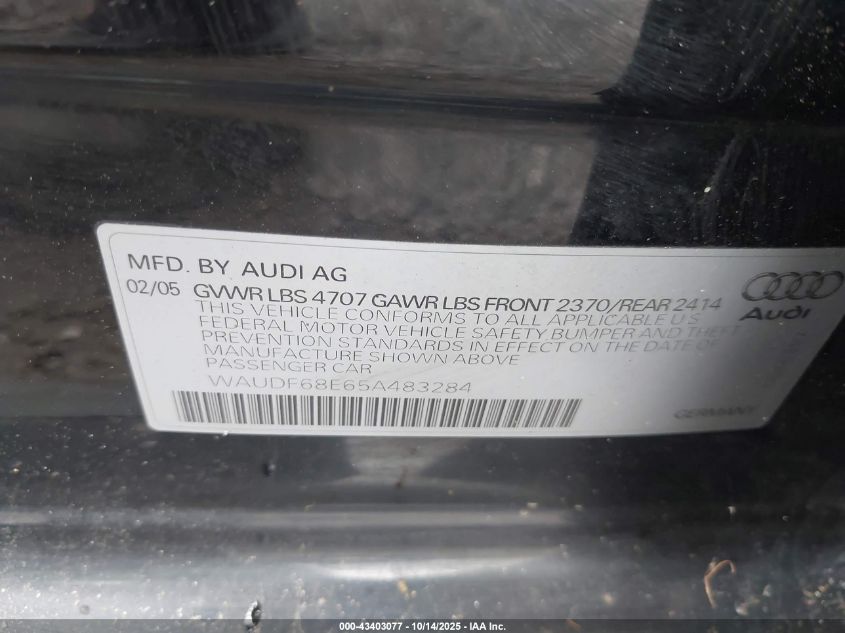 2005 Audi A4 2.0T VIN: WAUDF68E65A483284 Lot: 43403077