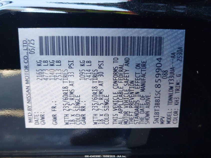 2025 Nissan Rogue Sv Intelligent Awd VIN: 5N1BT3BB1SC859904 Lot: 43403080