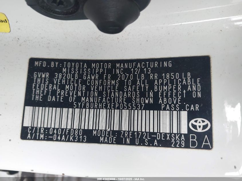 2014 Toyota Corolla S Plus VIN: 5YFBURHEXEP055537 Lot: 43403086