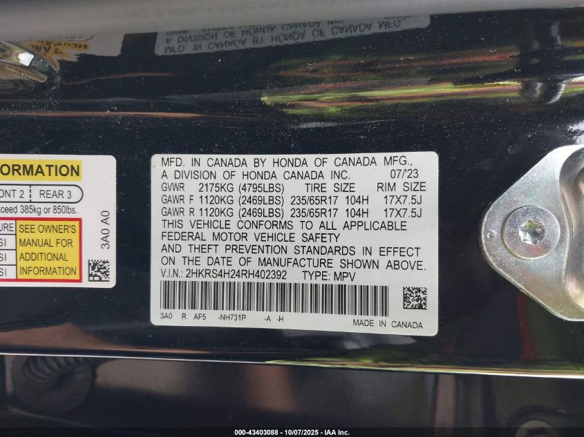 2024 Honda Cr-V Lx Awd VIN: 2HKRS4H24RH402392 Lot: 43403088